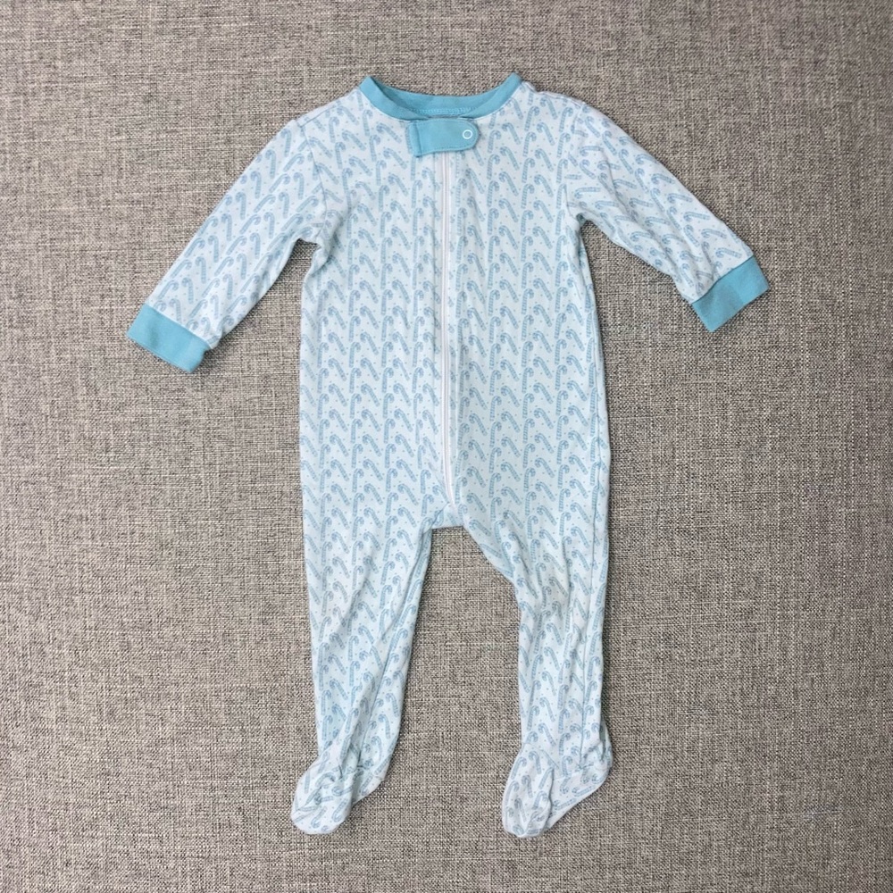James and Lottie 9m blue candy cane zip footie VGUC